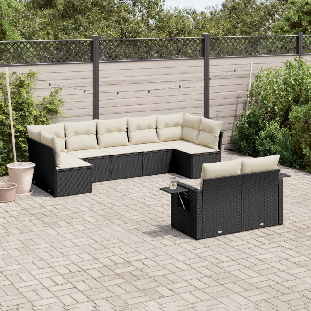 Garden furniture set with cushions, 9 pieces, black, polyrattan