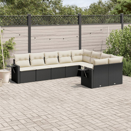 Garden furniture set with cushions, 9 pieces, black, polyrattan