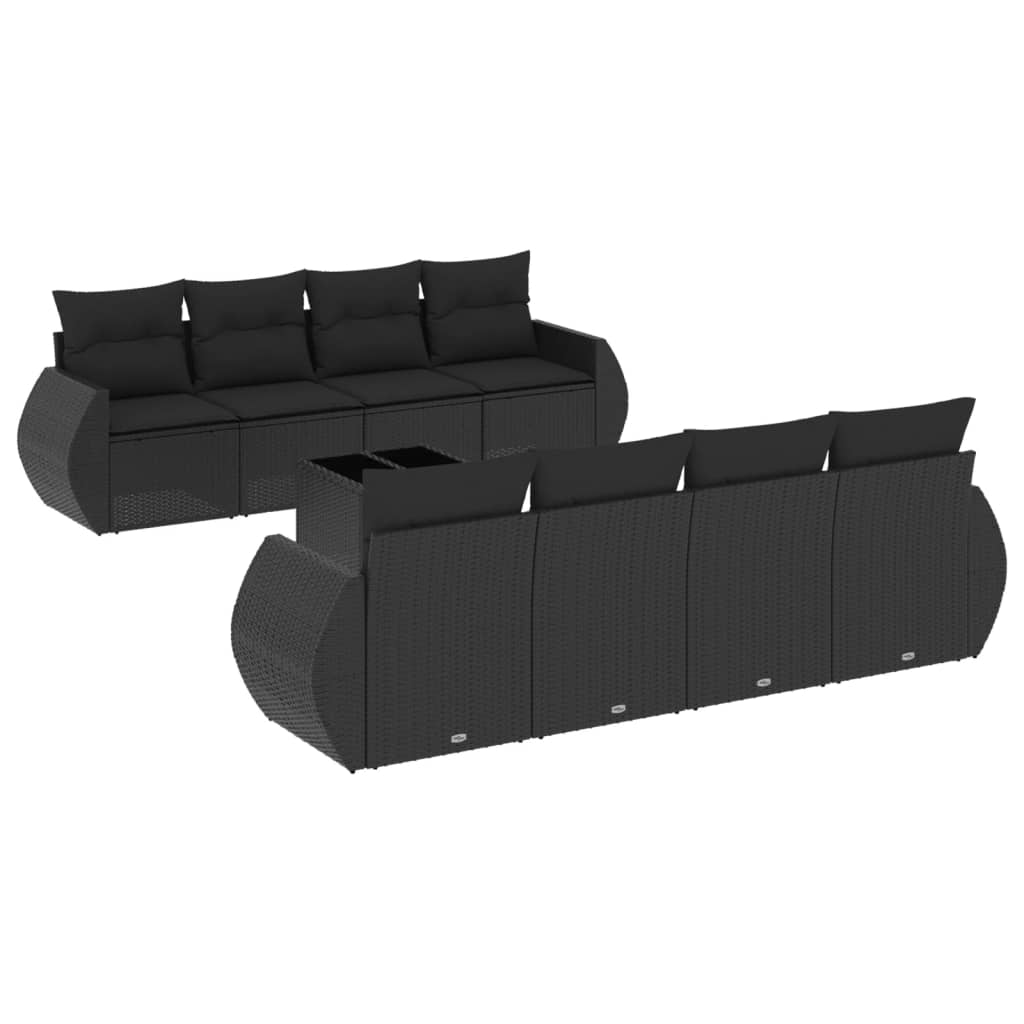 Set mobilier de grădină cu perne, 9 piese, negru, poliratan