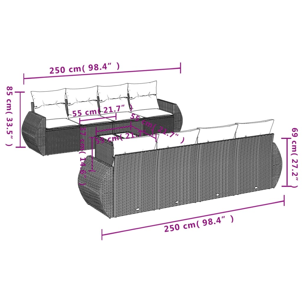 Set mobilier de grădină cu perne, 9 piese, negru, poliratan