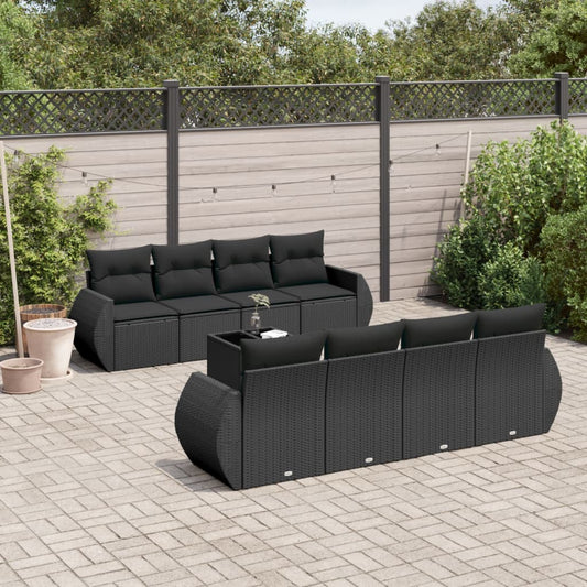 Garden furniture set with cushions, 9 pieces, black, polyrattan