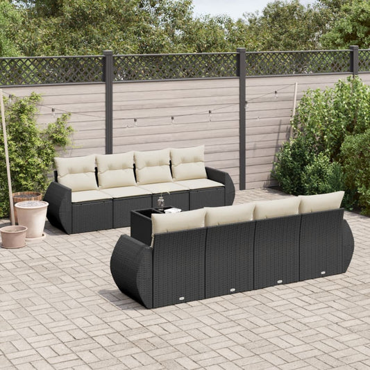 Garden furniture set with cushions, 9 pieces, black, polyrattan