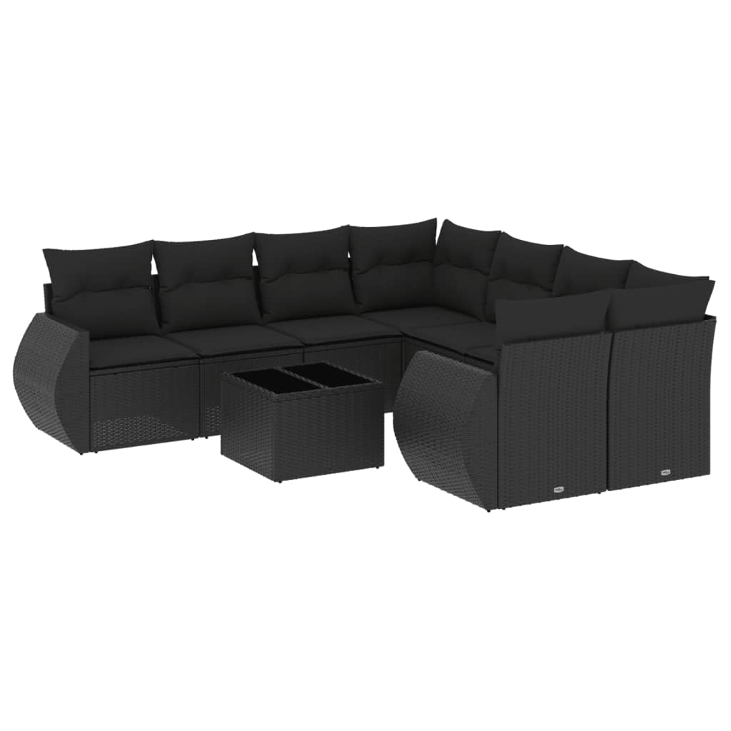 Garden furniture set with cushions, 9 pieces, black, polyrattan