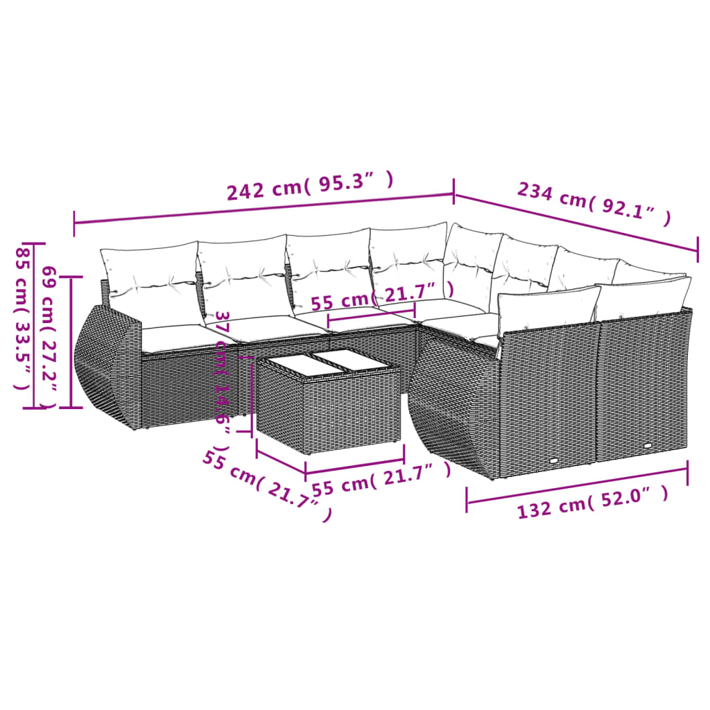 Set mobilier de grădină cu perne, 9 piese, negru, poliratan