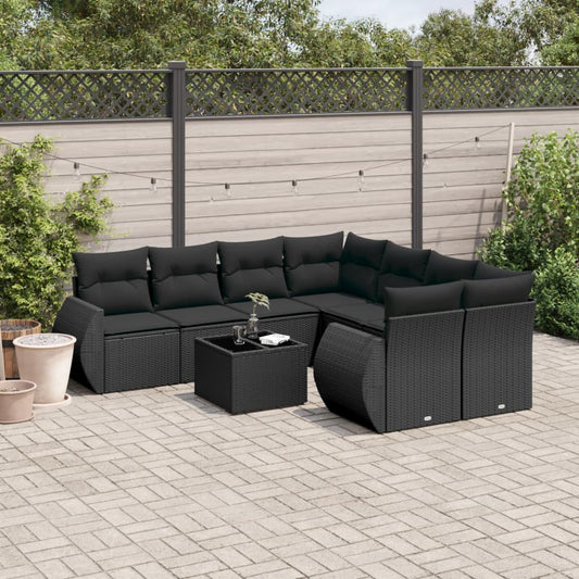 Garden furniture set with cushions, 9 pieces, black, polyrattan