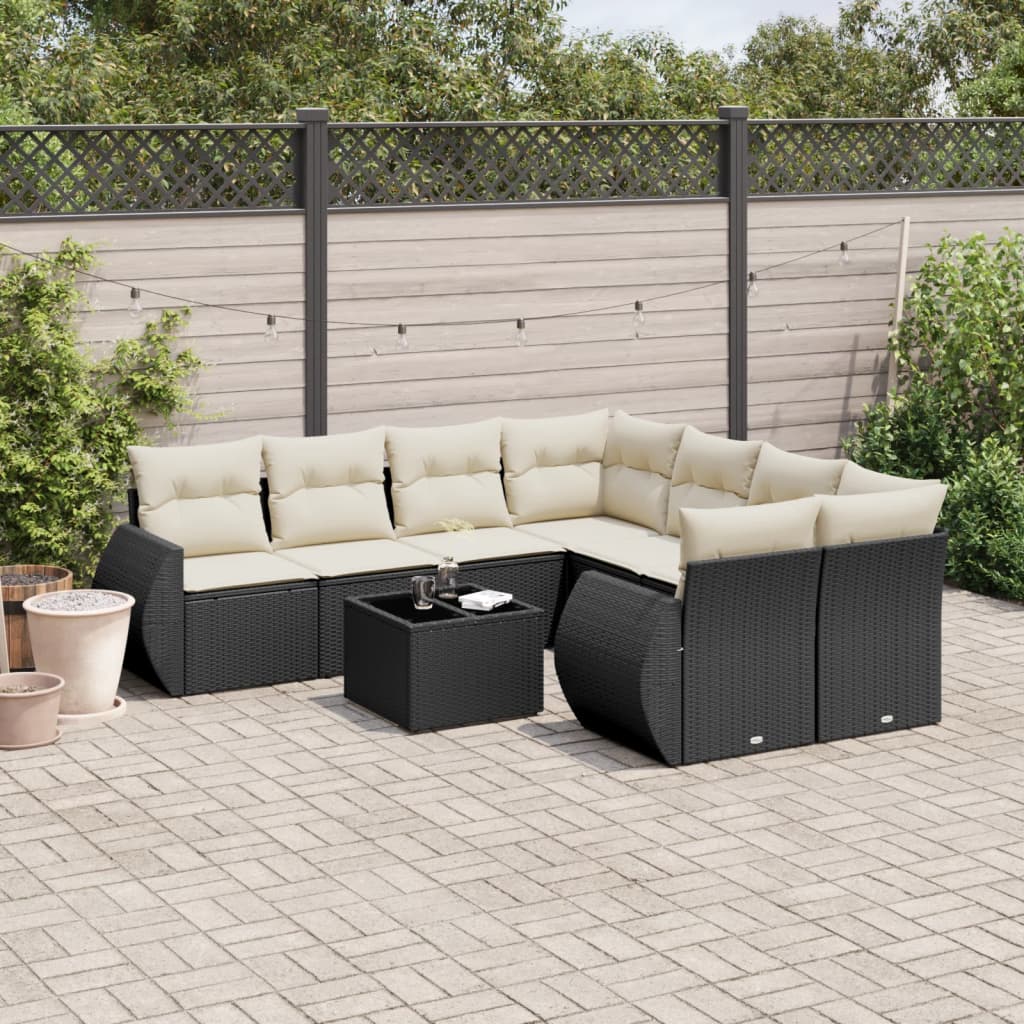 Garden furniture set with cushions, 9 pieces, black, polyrattan