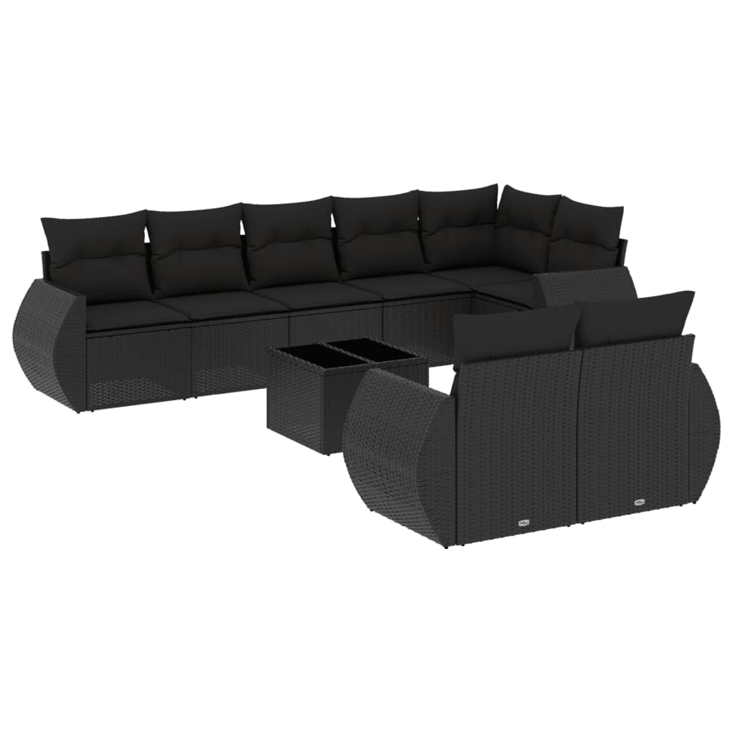 Garden furniture set with cushions, 9 pieces, black, polyrattan