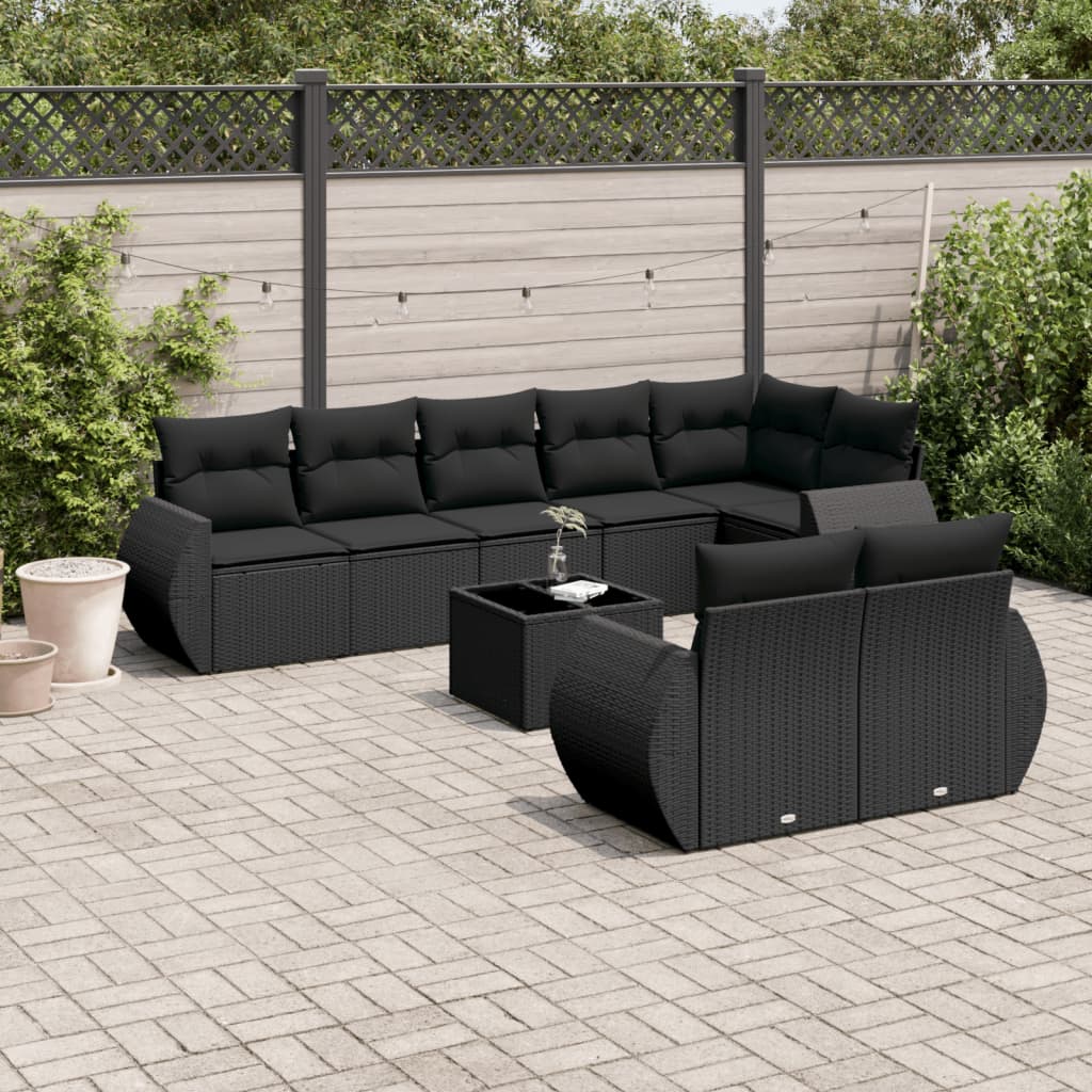 Garden furniture set with cushions, 9 pieces, black, polyrattan