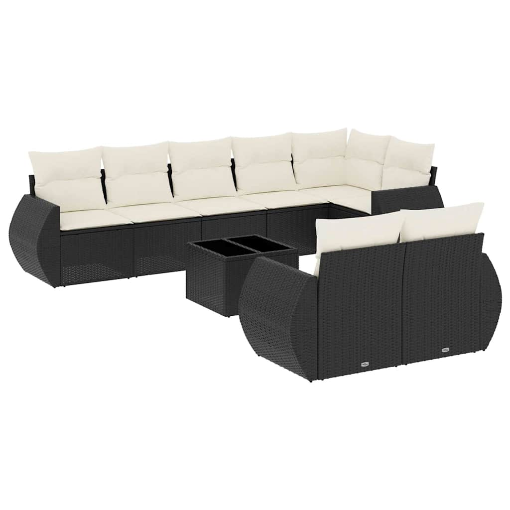 Set mobilier de grădină cu perne, 9 piese, negru, poliratan