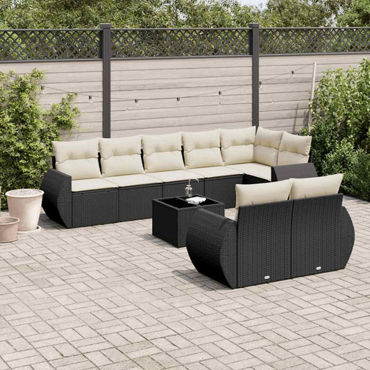 Garden furniture set with cushions, 9 pieces, black, polyrattan