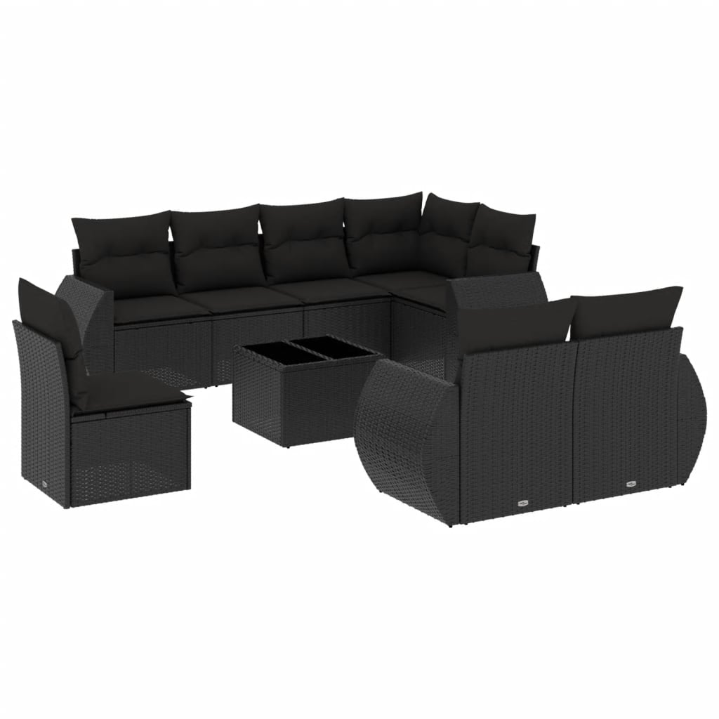 Garden furniture set with cushions, 9 pieces, black, polyrattan