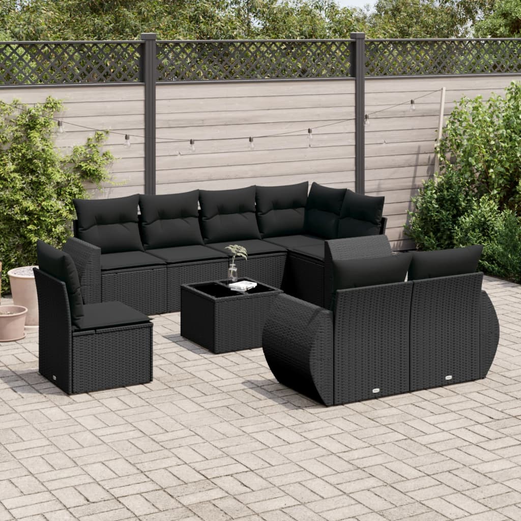 Garden furniture set with cushions, 9 pieces, black, polyrattan