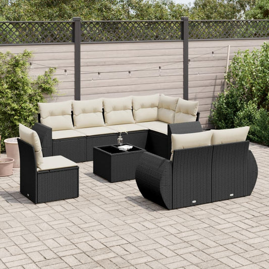 Garden furniture set with cushions, 9 pieces, black, polyrattan