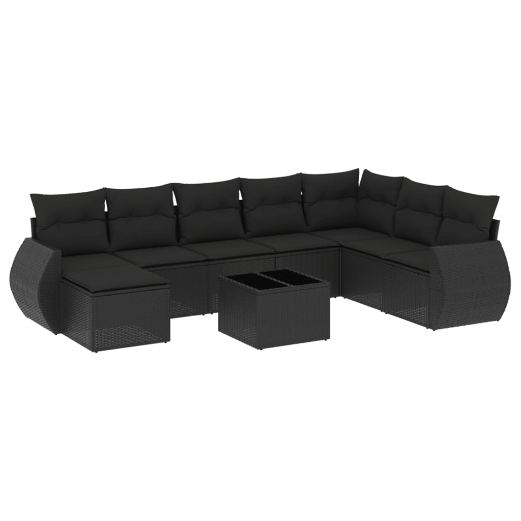 Garden furniture set with cushions, 9 pieces, black, polyrattan