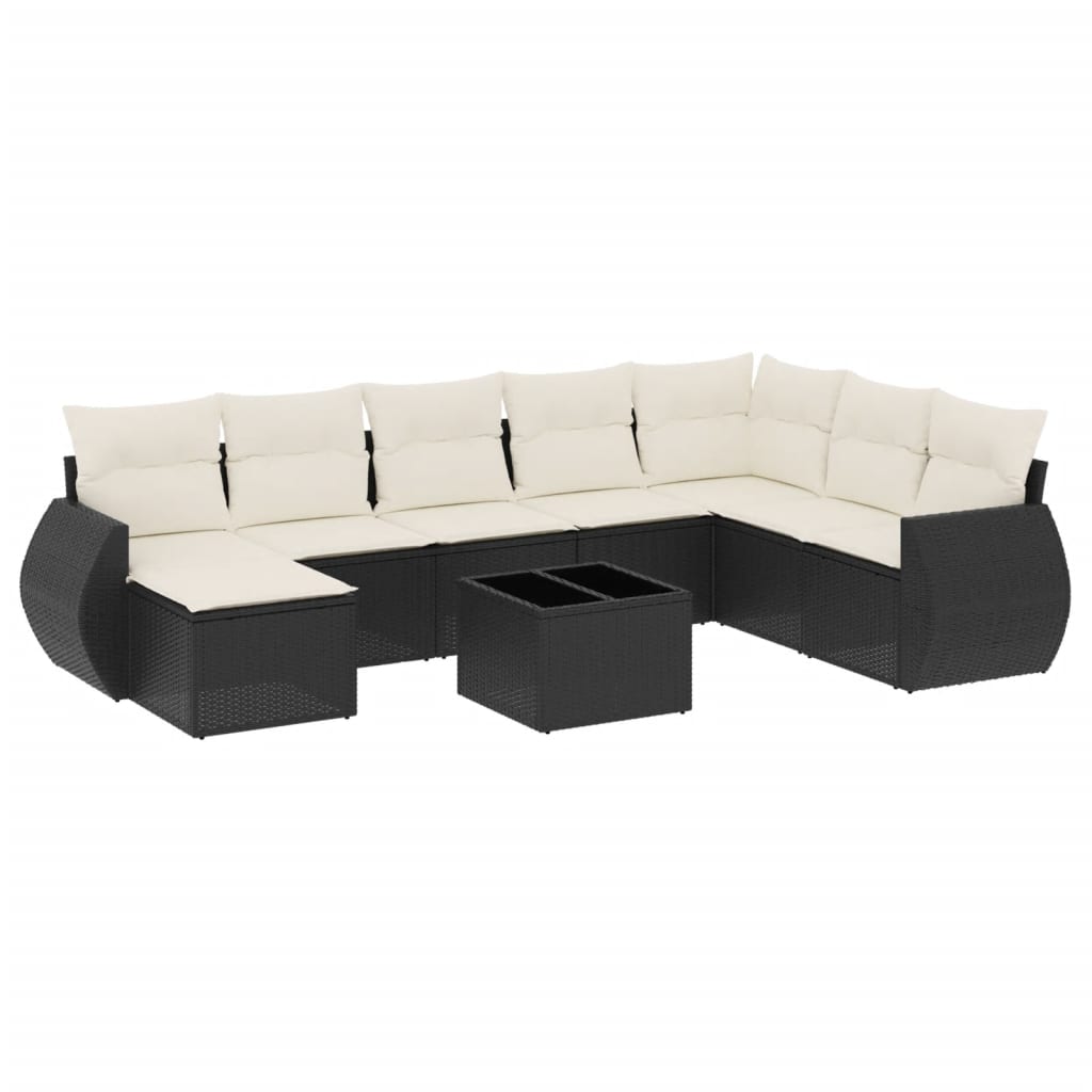 Set mobilier de grădină cu perne, 9 piese, negru, poliratan