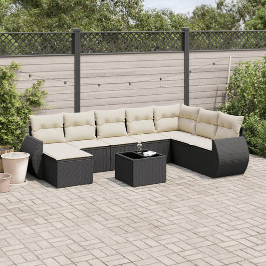 Garden furniture set with cushions, 9 pieces, black, polyrattan