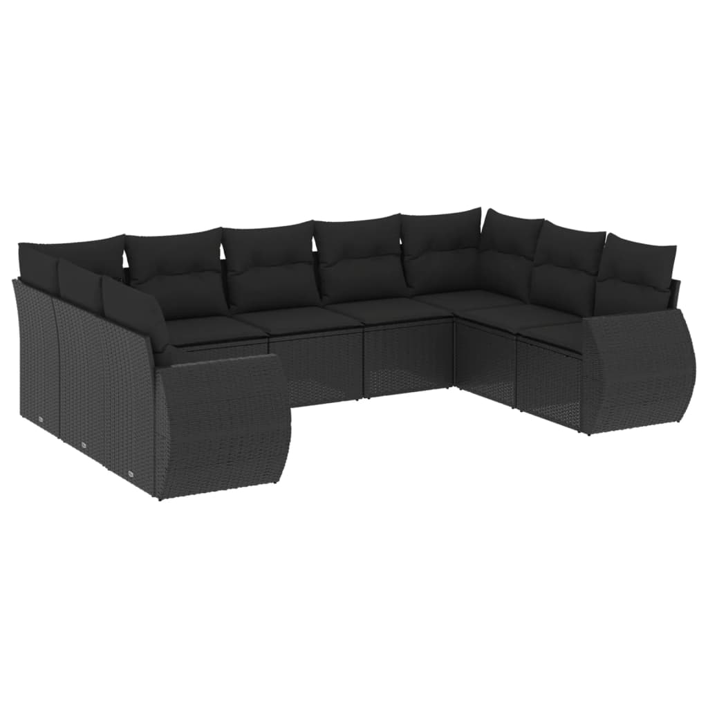 Garden furniture set with cushions, 9 pieces, black, polyrattan