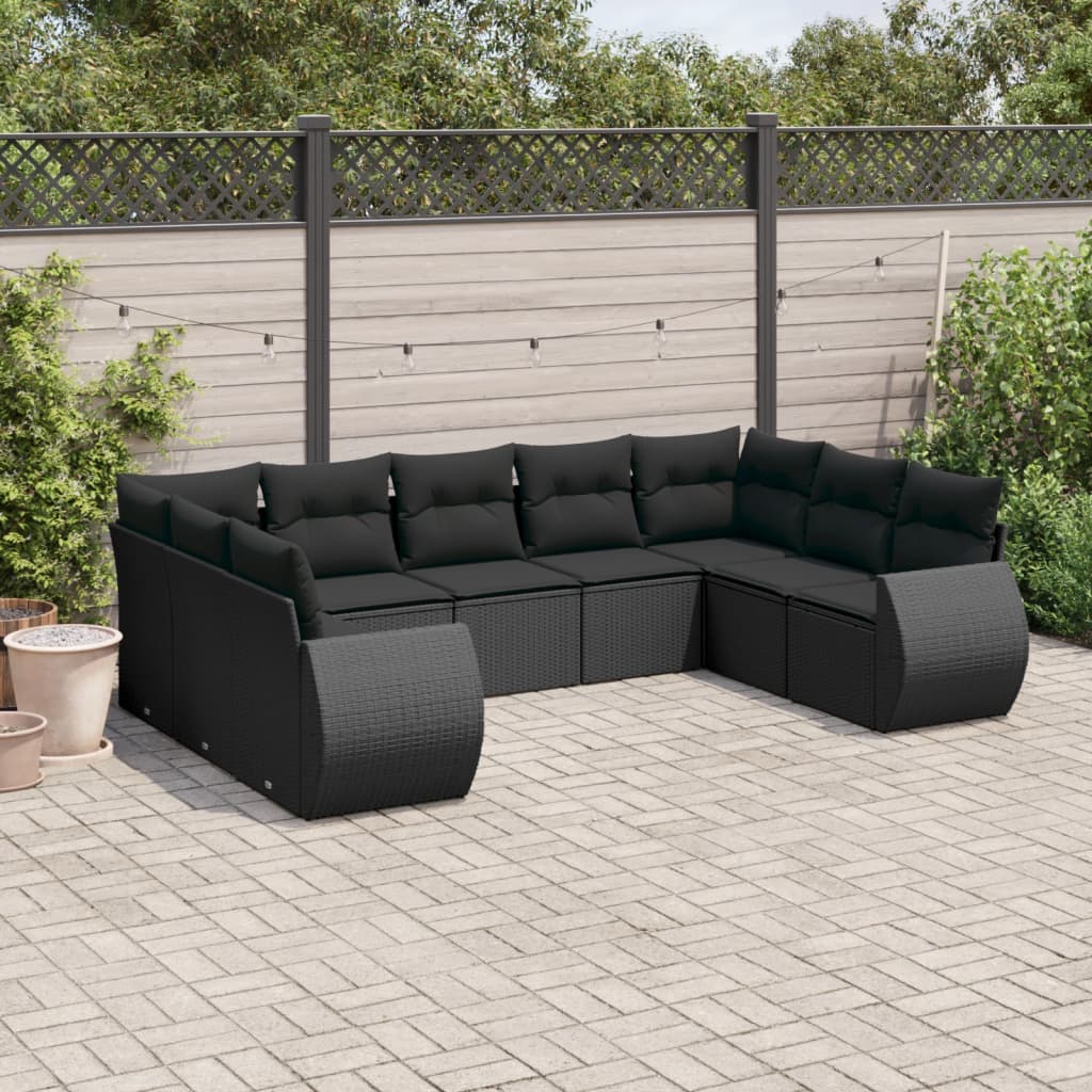 Garden furniture set with cushions, 9 pieces, black, polyrattan