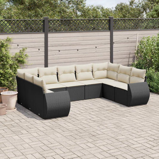 Garden furniture set with cushions, 9 pieces, black, polyrattan