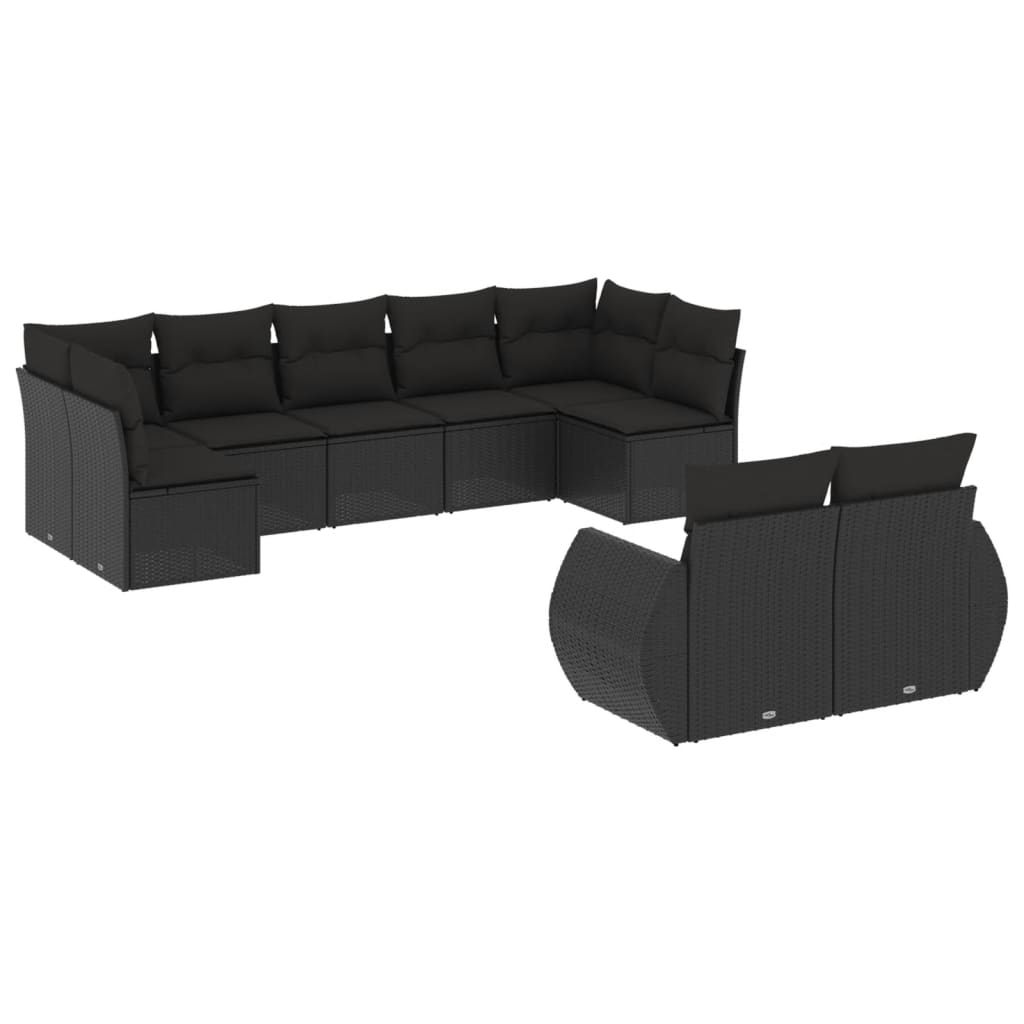 Garden furniture set with cushions, 9 pieces, black, polyrattan