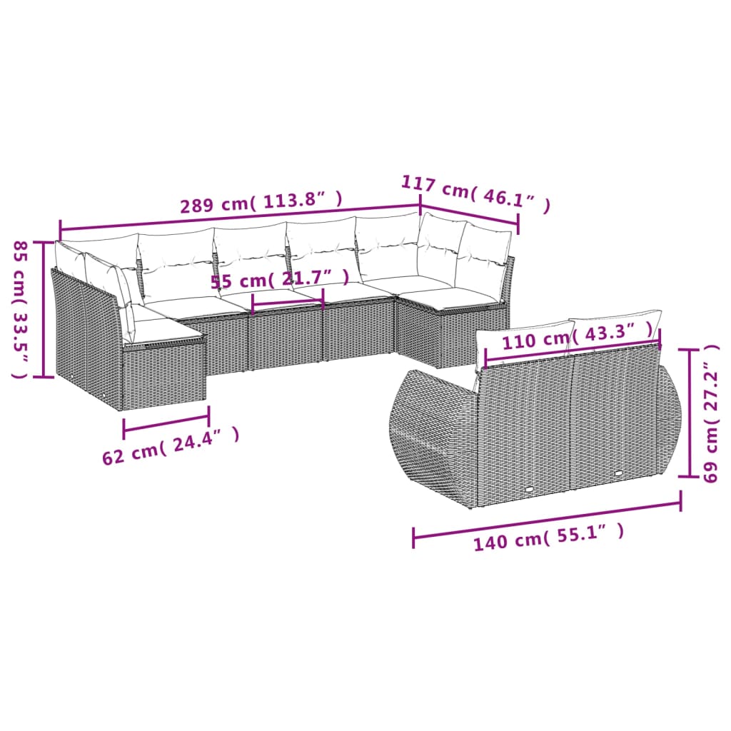 Set mobilier de grădină cu perne, 9 piese, negru, poliratan