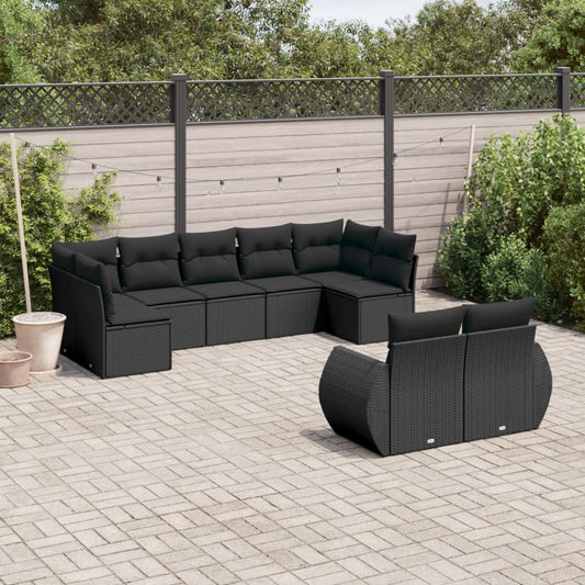 Garden furniture set with cushions, 9 pieces, black, polyrattan