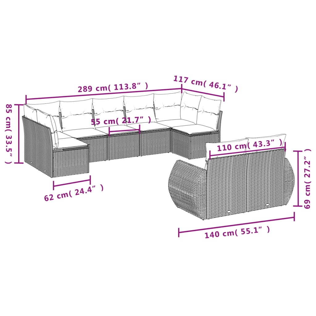 Garden furniture set with cushions, 9 pieces, black, polyrattan