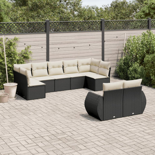 Garden furniture set with cushions, 9 pieces, black, polyrattan