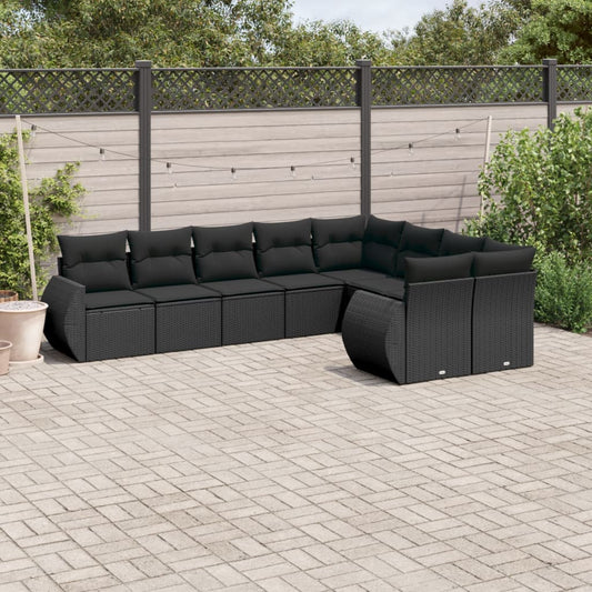 Garden furniture set with cushions, 9 pieces, black, polyrattan