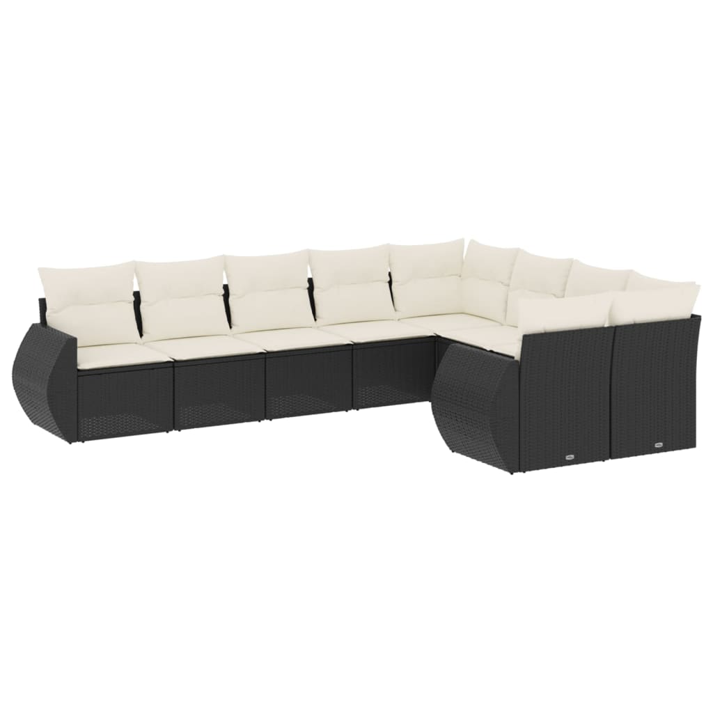 Set mobilier de grădină cu perne, 9 piese, negru, poliratan