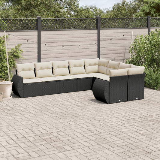 Garden furniture set with cushions, 9 pieces, black, polyrattan