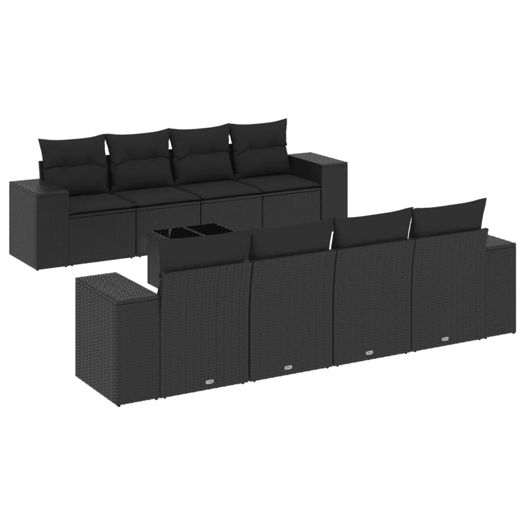 Garden furniture set with cushions, 9 pieces, black, polyrattan