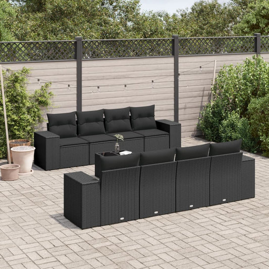 Garden furniture set with cushions, 9 pieces, black, polyrattan