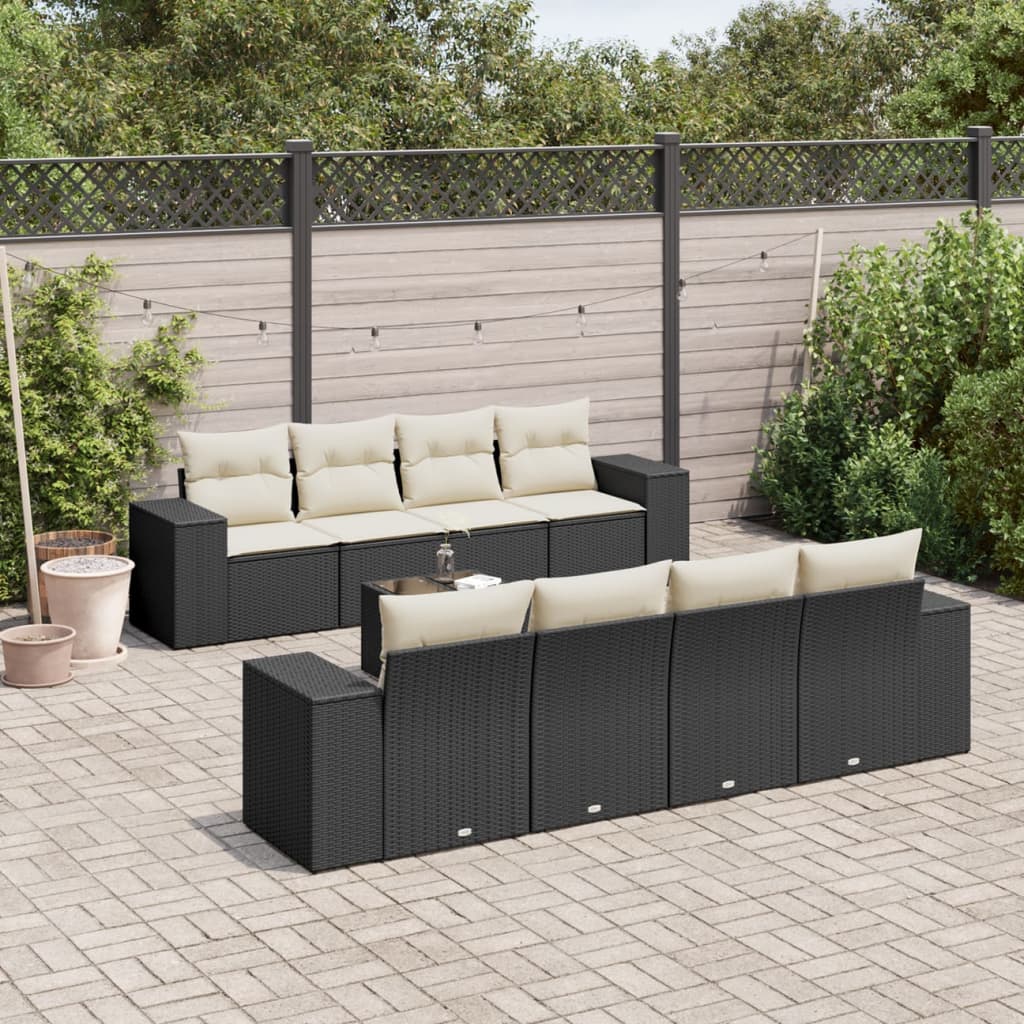 Garden furniture set with cushions, 9 pieces, black, polyrattan