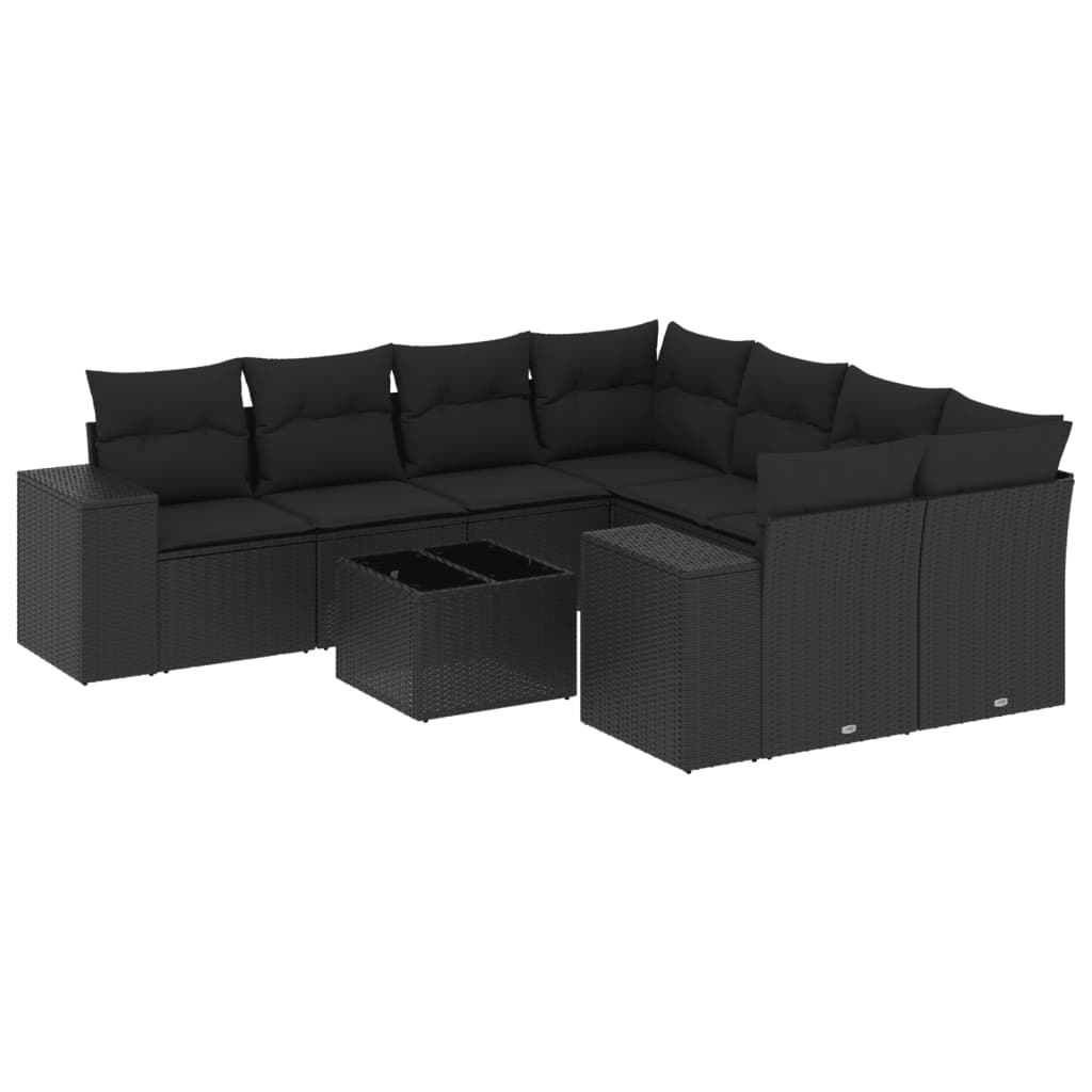 Garden furniture set with cushions, 9 pieces, black, polyrattan