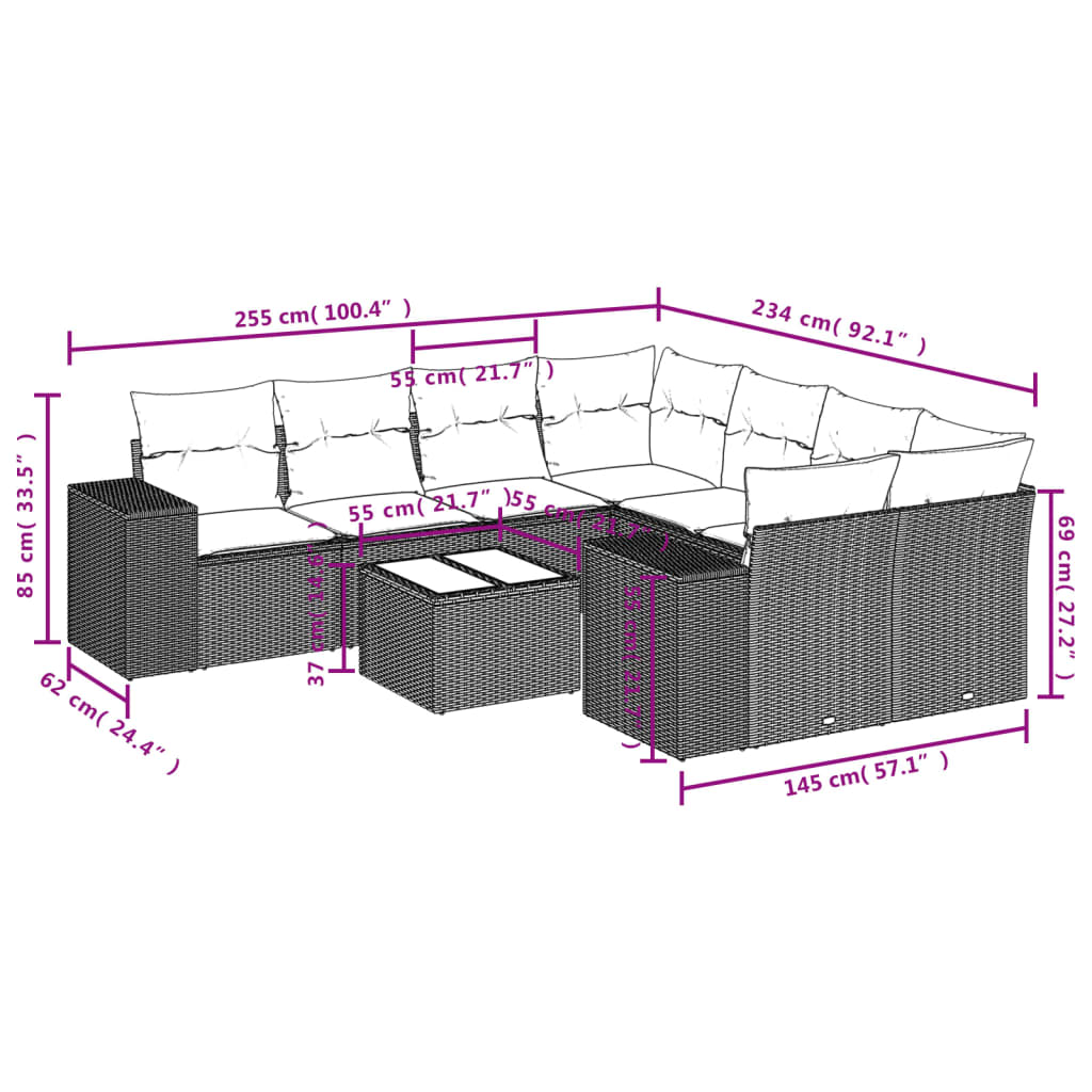 Set mobilier de grădină cu perne, 9 piese, negru, poliratan