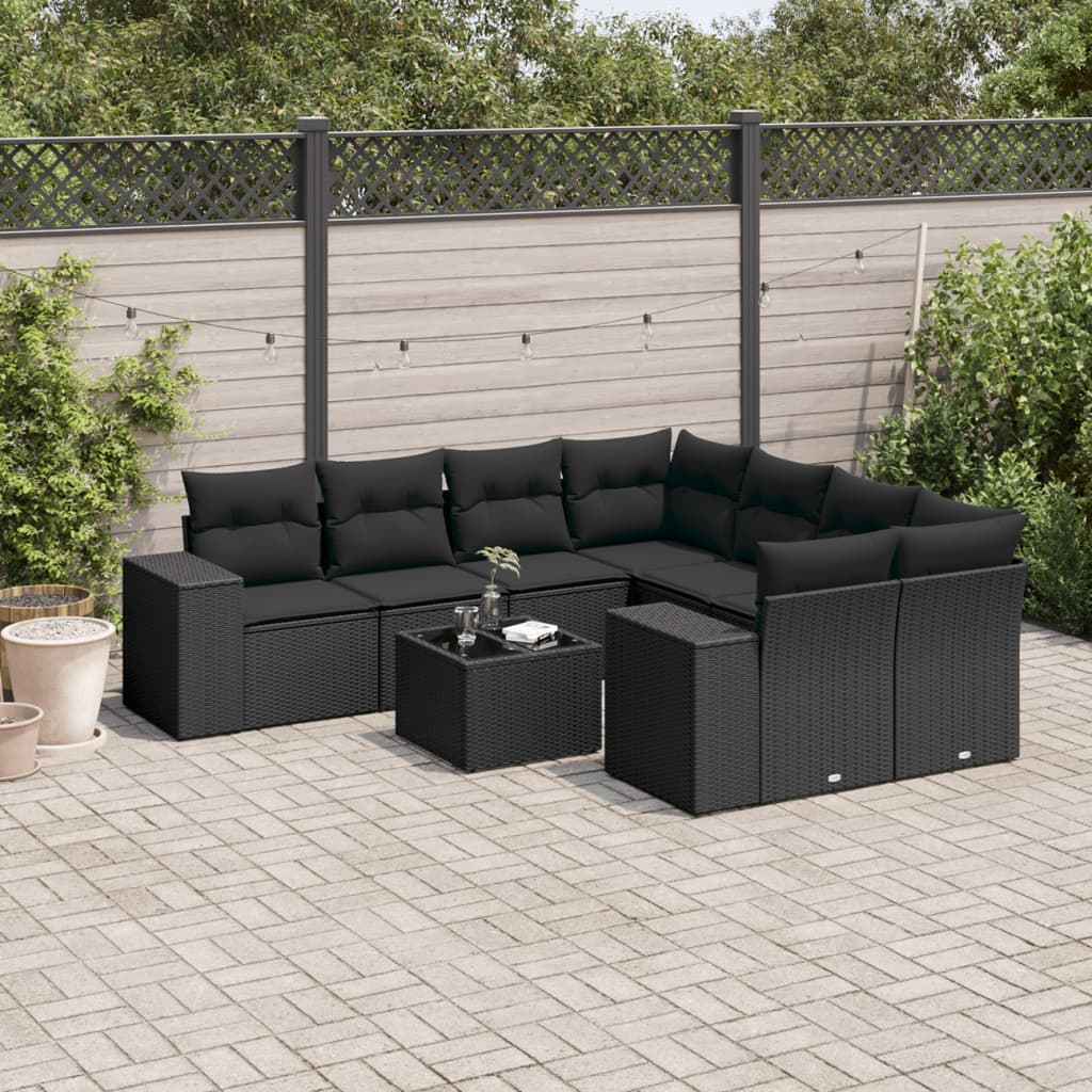 Garden furniture set with cushions, 9 pieces, black, polyrattan