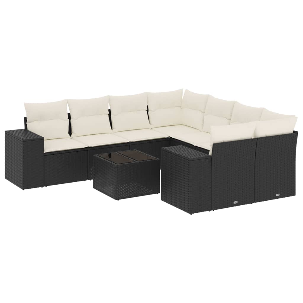 Set mobilier de grădină cu perne, 9 piese, negru, poliratan