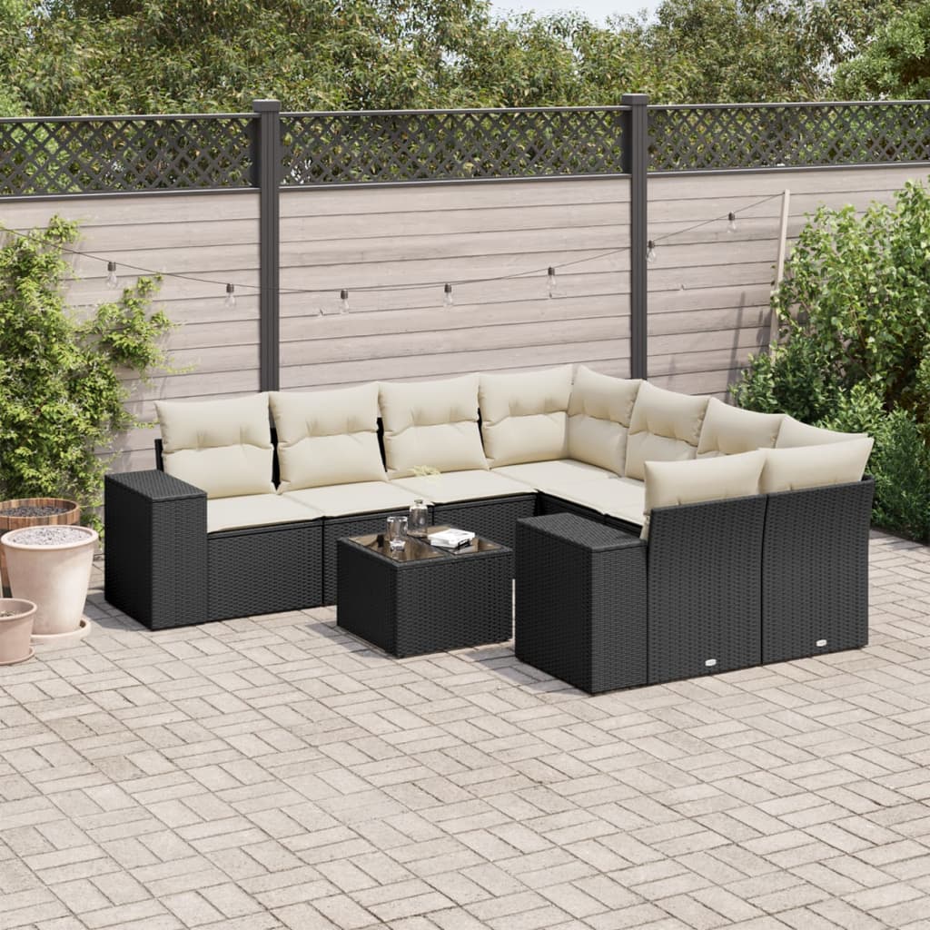 Garden furniture set with cushions, 9 pieces, black, polyrattan