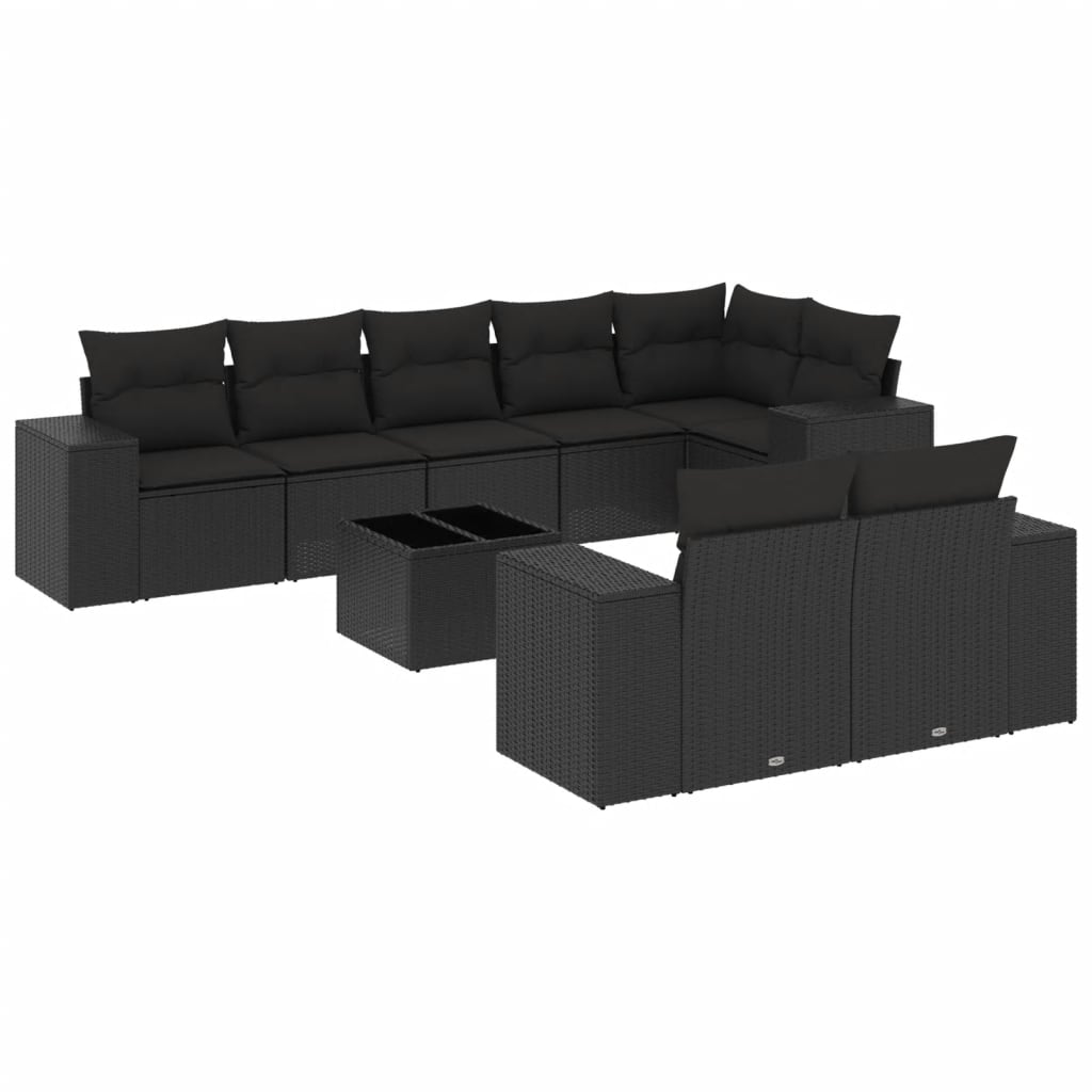 Garden furniture set with cushions, 9 pieces, black, polyrattan