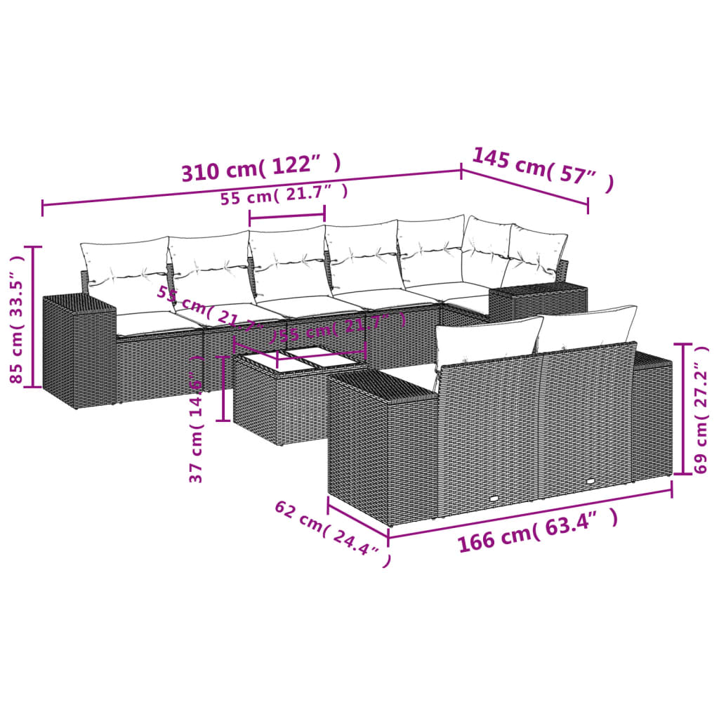 Set mobilier de grădină cu perne, 9 piese, negru, poliratan