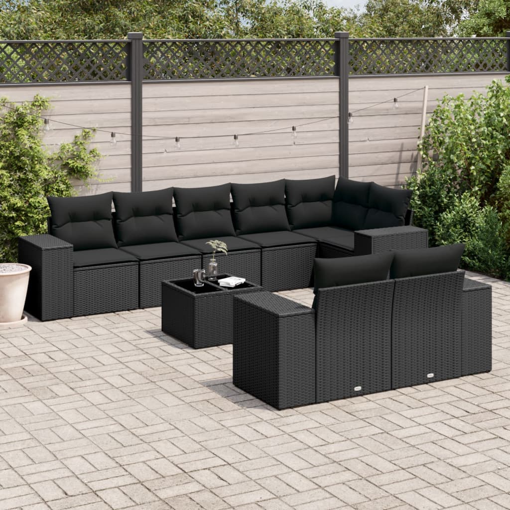 Set mobilier de grădină cu perne, 9 piese, negru, poliratan