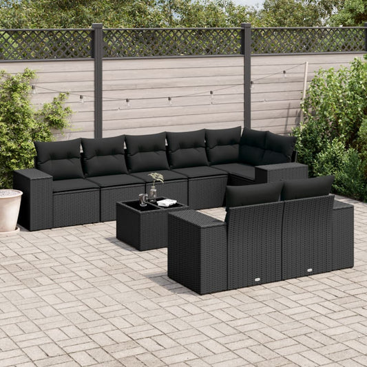 Garden furniture set with cushions, 9 pieces, black, polyrattan