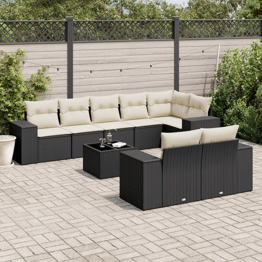 Garden furniture set with cushions, 9 pieces, black, polyrattan