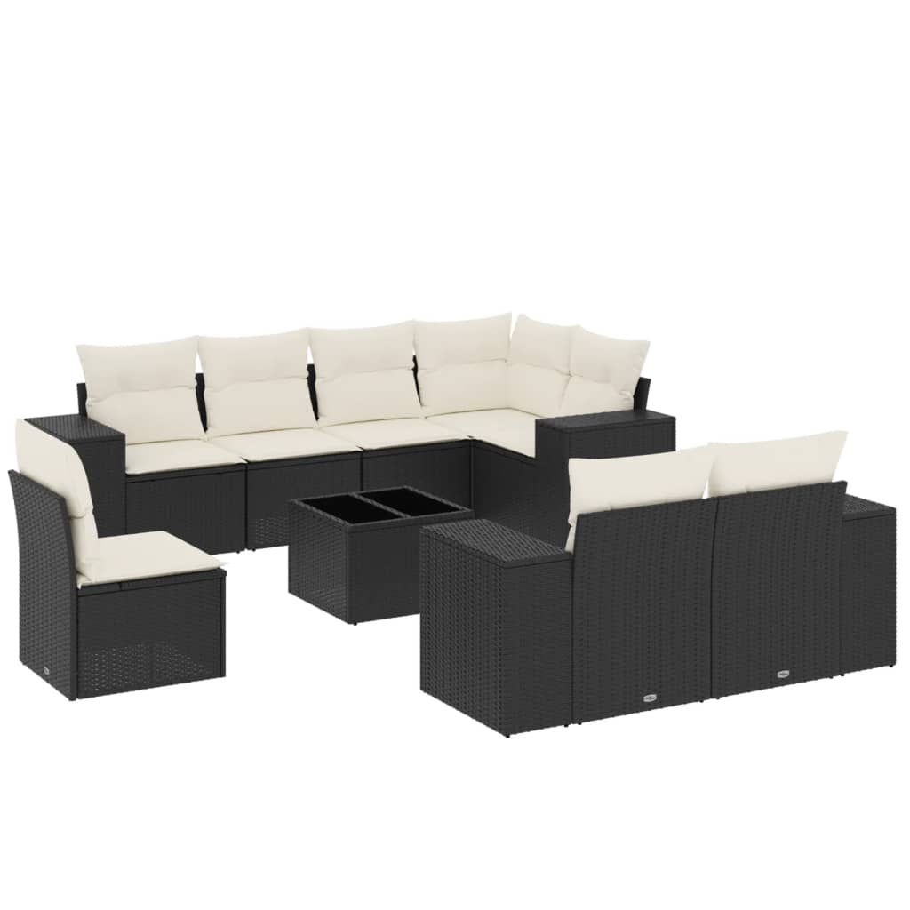 Garden furniture set with cushions, 9 pieces, black, polyrattan