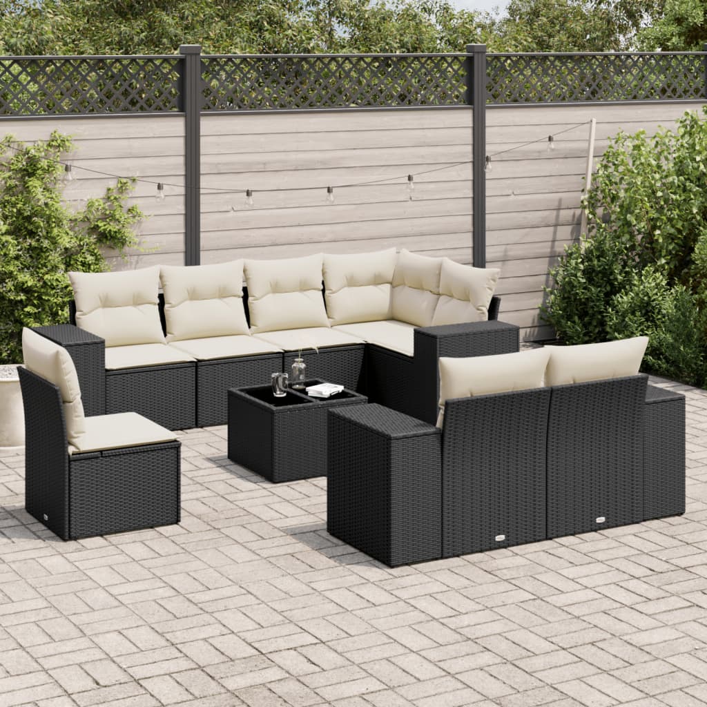 Garden furniture set with cushions, 9 pieces, black, polyrattan