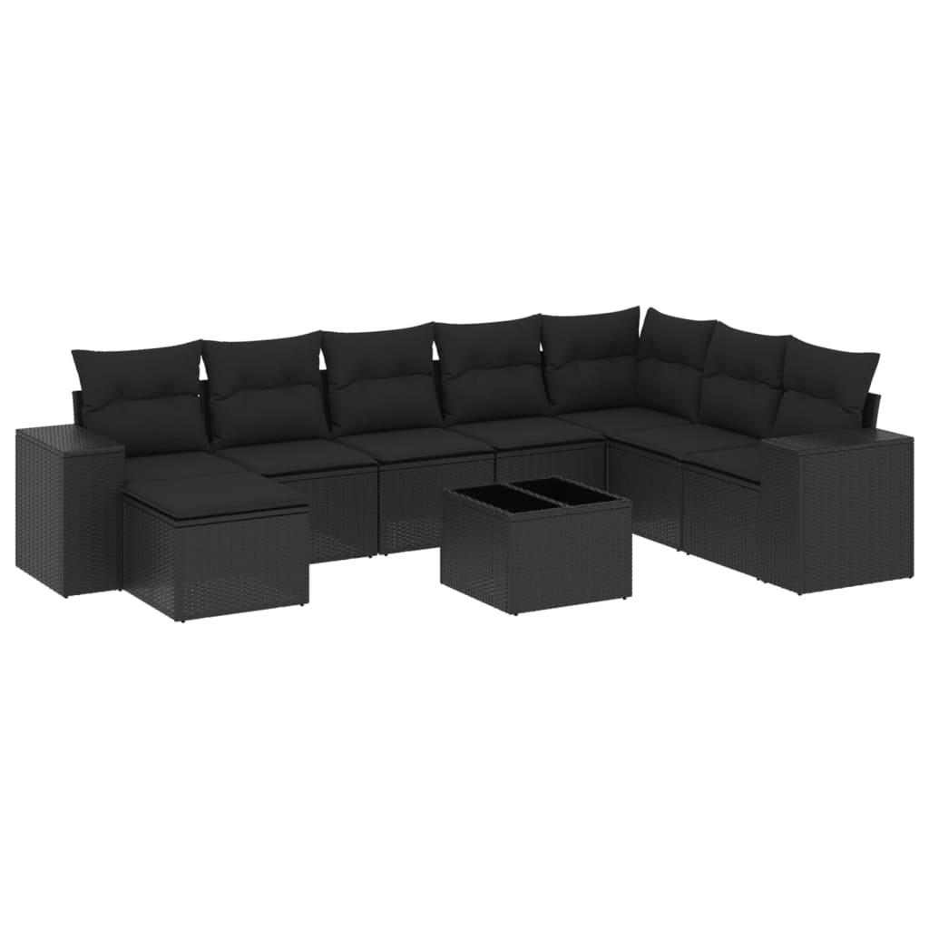 Garden furniture set with cushions, 9 pieces, black, polyrattan