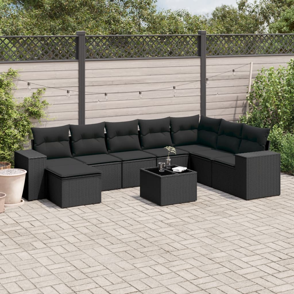 Garden furniture set with cushions, 9 pieces, black, polyrattan