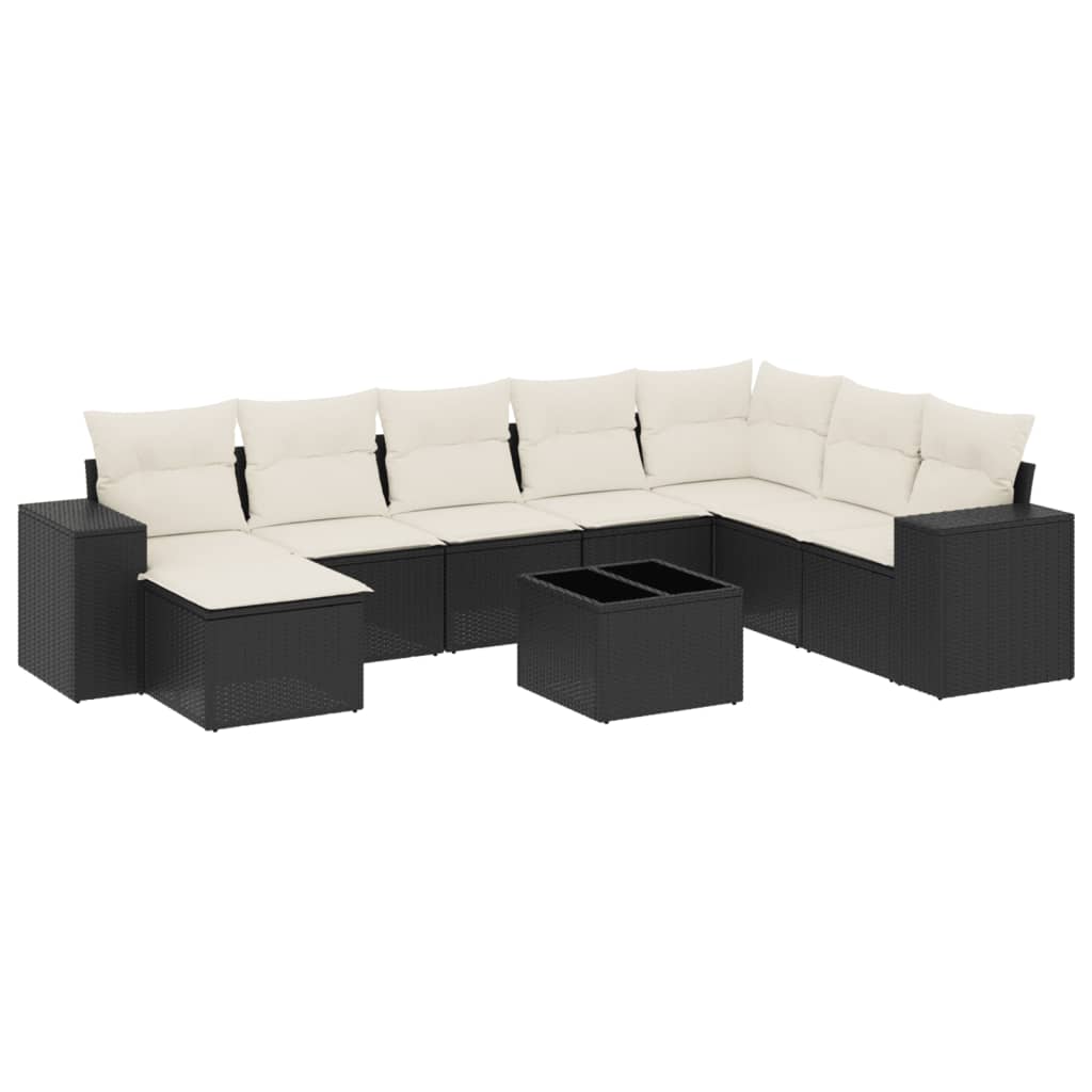 Set mobilier de grădină cu perne, 9 piese, negru, poliratan