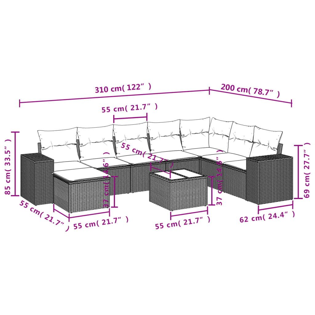 Set mobilier de grădină cu perne, 9 piese, negru, poliratan